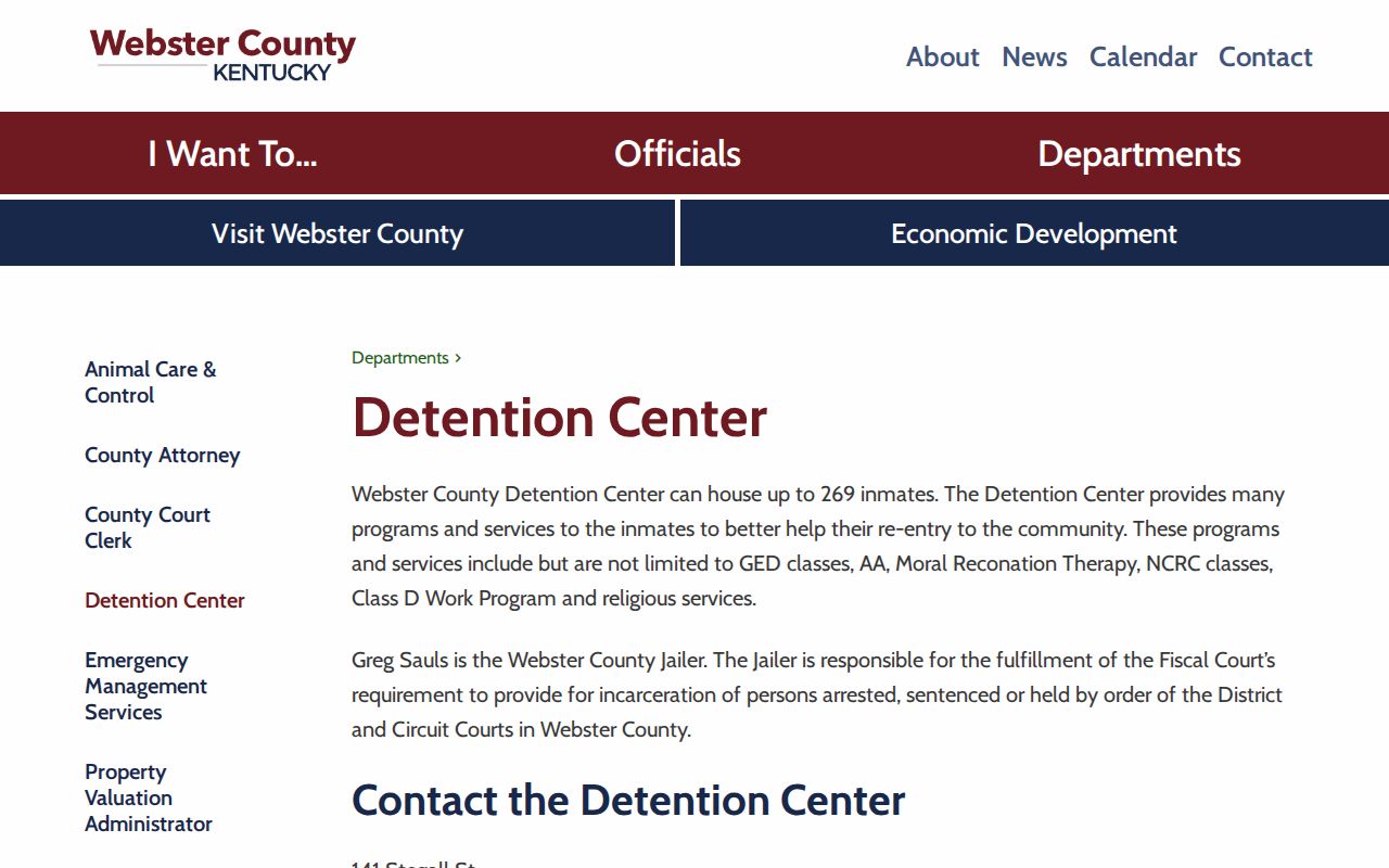 Webster County Detention Center booking and custody record page